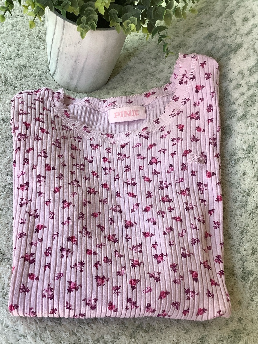 PINK Victorias Secret Pink with Hot Pink Rosettes Ribbed Floral Top NWT Size XL